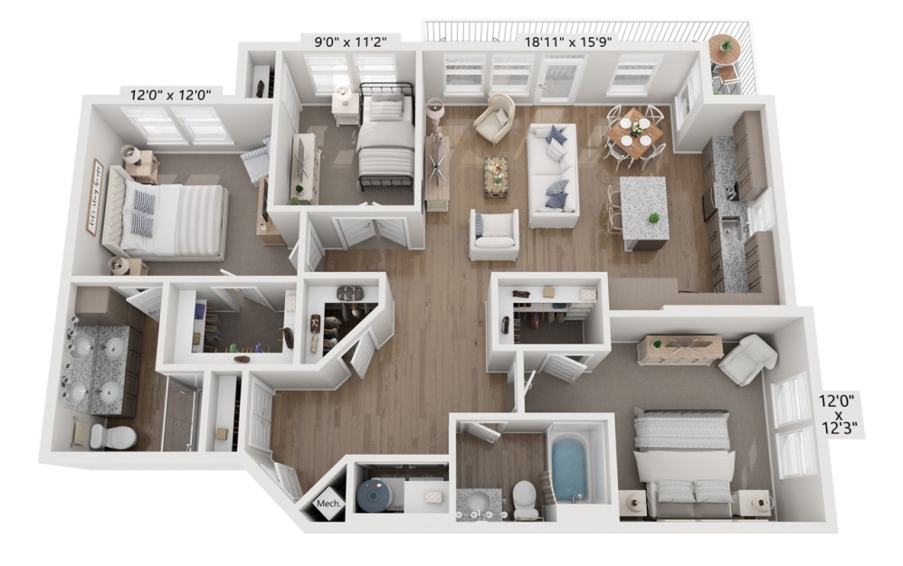 C1 - Amethyst - 3 bedroom floorplan layout with 2 bathrooms and 1285 square feet